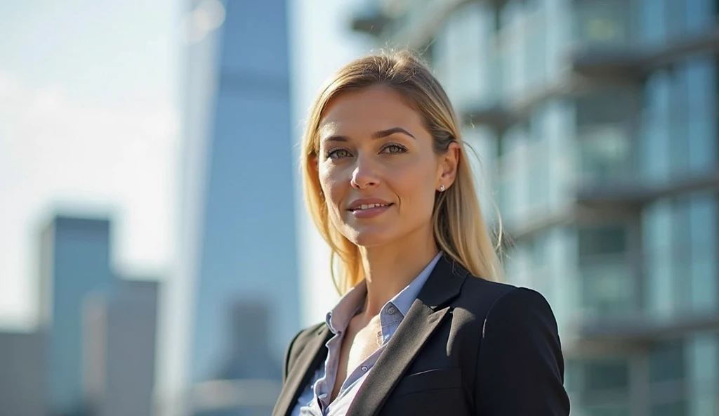 A mid 30 woman with straight blonde hair in a sleek ponytail, wearing a crisp white blazer and gold earrings, giving an interview to the press, standing outside a modern tech company headquarters.