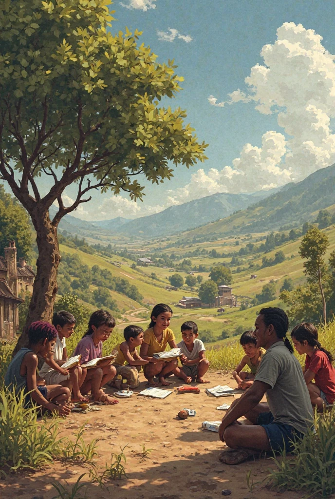 (children looking at a book while sitting on a bench), Alpine village street, sitting nearby is a black smooth-haired dachshund (in the style of Margaret Olley), ((fresh oil palette canvas/acrylic)), Intricate, 極端なディテール, Complex key, ((Best Quality)), ((Masterpiece)), ((Realistic)), 8K