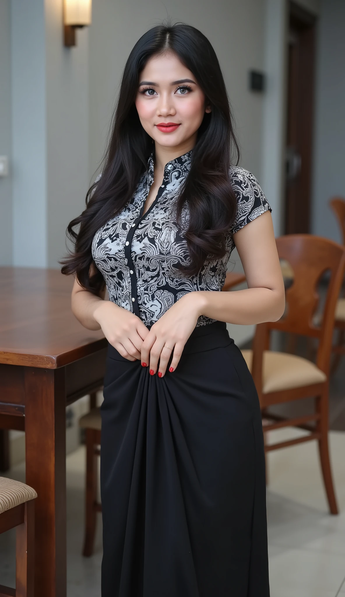 a beautiful Indonesian woman , ( beautiful long haired black ), wearing a black and white batik model buttoned shirt , and wearing a long black skirt with a long skirt at the thigh , Curvy body ( solid contains), very white skin , round big butt ,beautiful hips , thick red lip , eyes clear using blue soflen , using pink eyeshadow , Long eyelashes , thick eyebrows , red hand nails , pose standing facing the front, next to a brown wooden table , ( cover her thighs and half her body), located inside the room with bright lights, there is a gray wall, there are brown wooden chairs . (( The photo lighting is very bright and clear )), RAW photo, realistic , 16k