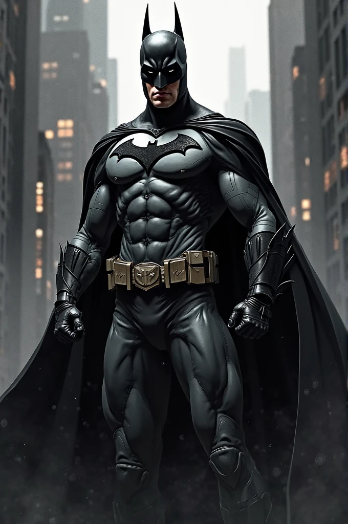 1 man, solo, close up cowboy shot of Ben Affleck as Batman, tall, hunk, muscular, bulk, wide shoulder, realistic, dark grey mask, dark dirty grey suit, dark grey arms, black gloves, best quality, masterpiece, high resolution:1.2, black cape, high detailed mask, high detailed suit, high detailed face, award winning, night time, a dark cave in the background, indoors, 4k, wallpaper