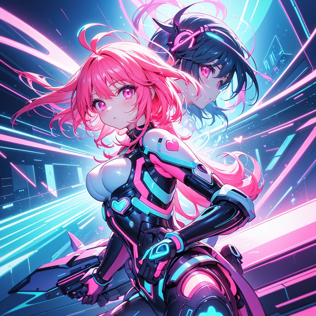 Beautuful Women、18age、perfect bodies、Tight clothes、rainbow hair, length hair , A pink-haired、, Mole under the eyes, Heart-shaped pupil, Cat Ear Headphones, Smiling、Pose like a model、Fantastic background、Futuristic clothing、cyberpunked、amorous、Lustrous、overlooking the cityscape