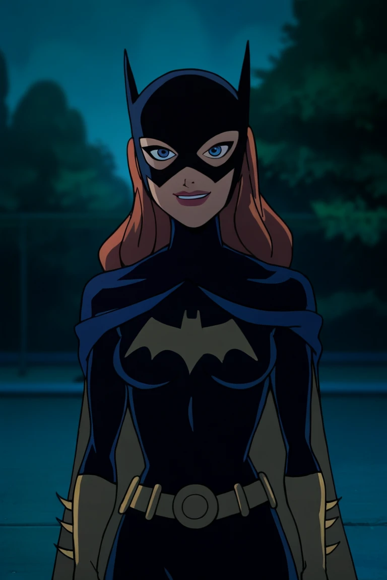 score_9_up, score_8_up, score_7_up, BarbaraG, 1girl, solo, blue cape, blue cloak, blue mask, belt, blue eyes, superhero, long hair, lipstick, batgirl, park, smile, standing, cape around whole body, best quality