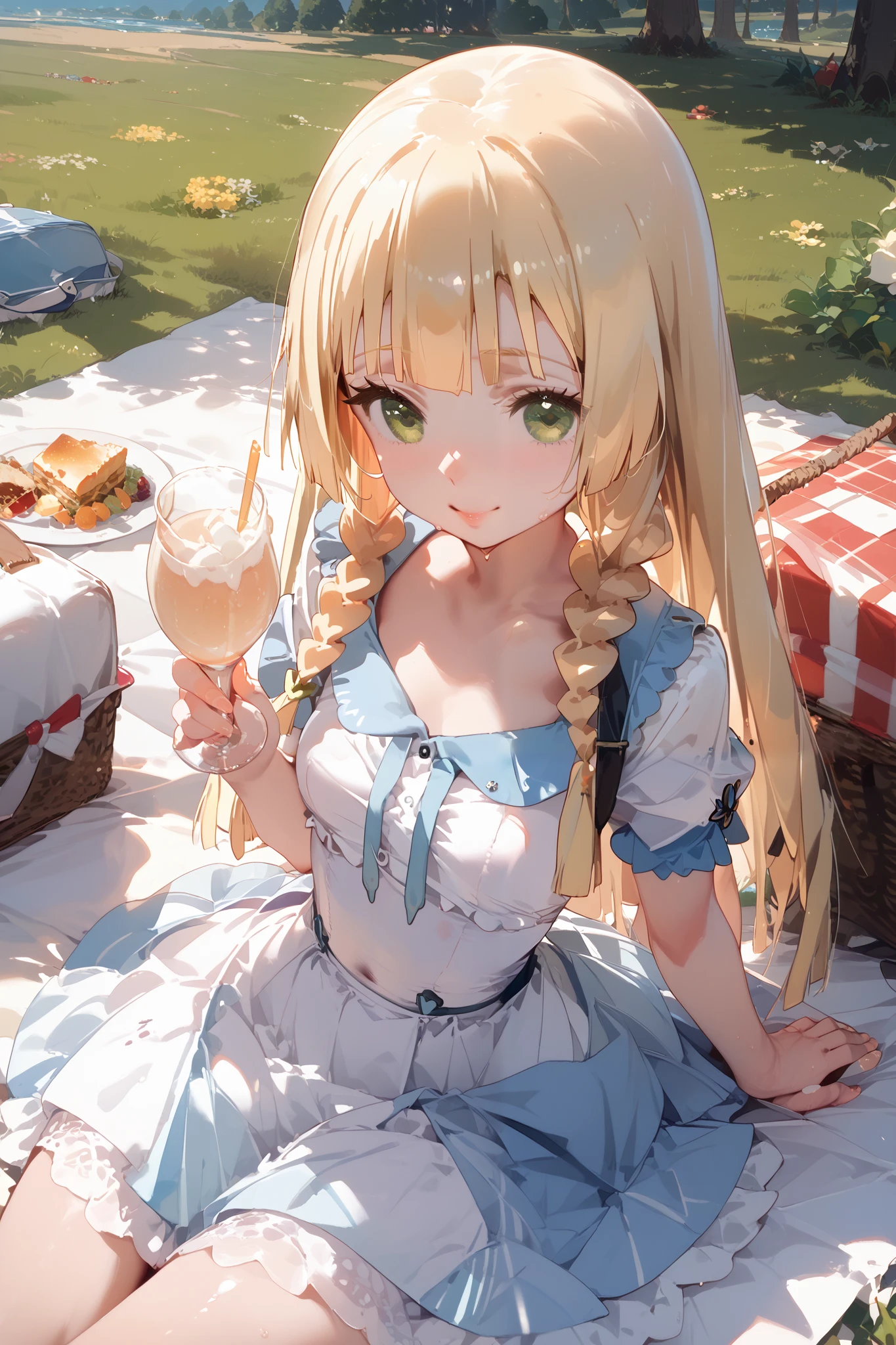 sandwich：Bread with white bread、Ingredients are ham, cheese, lettuce and tomatoes、It is topped with mayonnaise and mustard。The sandwich is cut and、Cross-section is visible。The sandwich is on the plate.、Served with napkins, forks and knives。 girl with：Her hair is blonde and long.、Braided。The face is round and cute。Clothes in white and blue dresses、Has a floral pattern。Shoes in white sandals、Ribbons are attached to the ankles。The girl is sitting、I have a sandwich in my hand.、Eating happily。 scene：There is a beautiful scene floating in the background.、Blue sky, white clouds, green meadow and colorful flowers。The scene is softly painted like a watercolor painting.、It has a dreamy atmosphere。The scene expresses the imagination and sensibility of the girl、Pubic hair shows through、(Beautiful bare pubic hair) ,more_Details:1.5, (More and more_Details:1.9)、