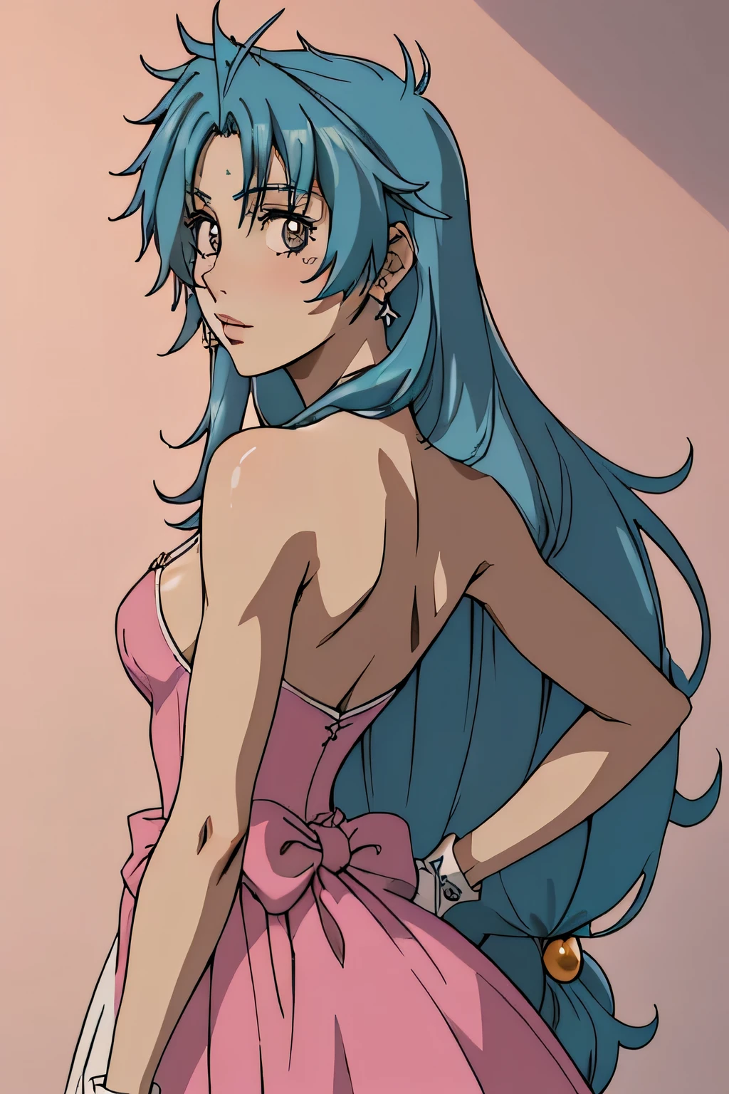 1girl in, age21, Kaname Chidori, photo of perfect woman, portrait, looking straight at camera, 5'1", Solo, Aesthetic artwork, (Straight aqua blue hair, waist length blue hair:1.25), (clear skin, pale skin, small breasts, B-cup, runners body, very thin waist, skinny, petite, detailed skin texture, (Masterpiece), (shot from behind, up skirt, flirty expression, focus on ass:1.2), ((blank background, plain background, blank wall, (wearing an Pink ballgown, pink gown, long silk gloves, star Crown, princess peach, Mario's princess peach cosplay), (extremely detailed 8k wallpaper), evening outdoor lighting, high quality, film grain, Fujifilm XT3 sharp focus, f 5.6, 50mm, High Detail, Sharp focus, (natural light), crazy details, complex details, hyper detailed