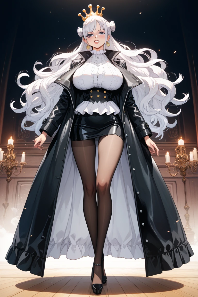 woman, solo, 33 years old, super long hair, bangs, bangs, large burn scar on face, Fearless smile, Sharp Eyes, large breasts, black suit, semilong Tight Skirt, Red High Heels, wearing a long fur coat over shoulders, looking at viewer, standing,