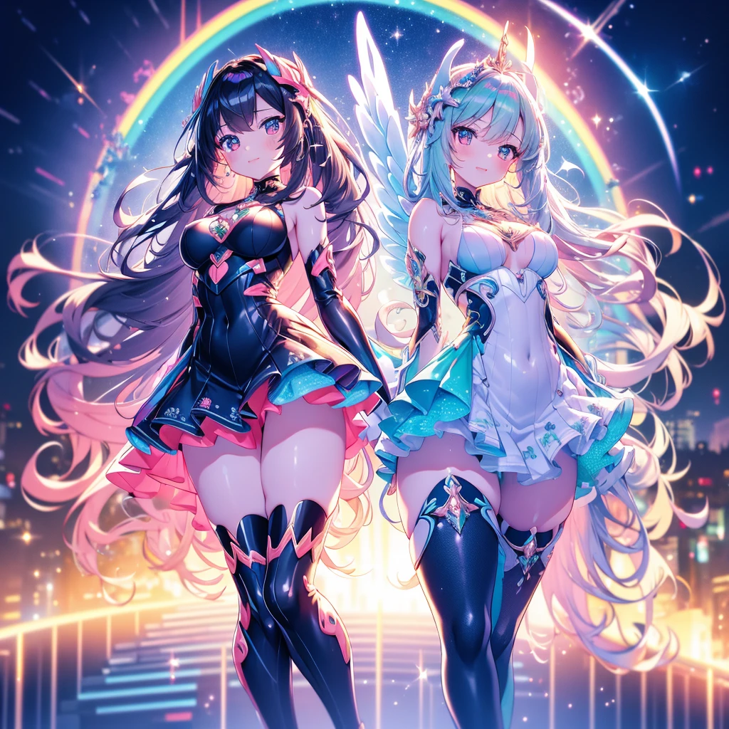 Highest quality,Highest Resolution,Smiling beautiful girl in maid leotard,White angel wings on your back,Halo,High leg,Frills,Knee-high stockings,front,whole body,up,universe,Milky Way,meteor,Very beautiful eyes,