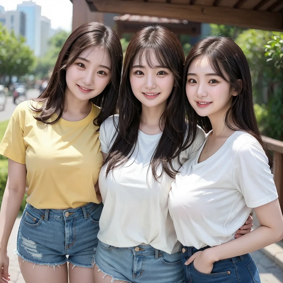 ((Best Masterpiece)), ((High Quality)), ((Real)), ((8k))  ((2 beatiful girls)) ,((white t-shirt and tight denim pants)), Japan persons, 30 years old, 2 beauty, slender, sony slr photography, looking at camera, cute, swimwear, nature, real, posing, super high quality, photography, good friend, big beauty, small beauty, parasol, string bun, String bra, alone with two, , moles under eyes, moles around the mouth ((large breasts)) ,cowboy shot,((smile)) ((half updo))  ((bronze hair)), cowboy shot,(in the park), ((sweat)) ((Plump:1.2))