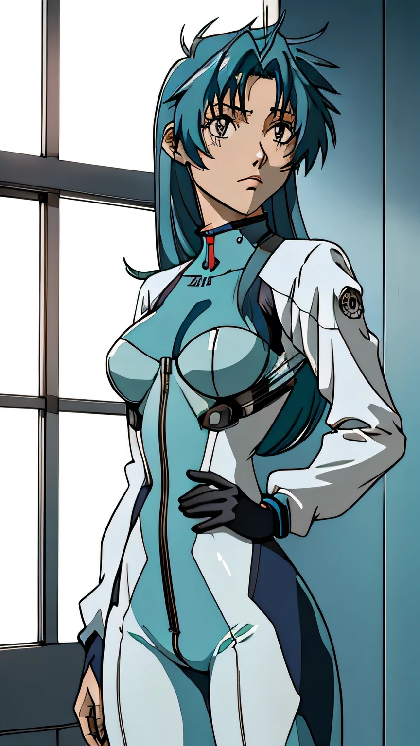 1girl in, age21, Kaname Chidori, photo of perfect woman, portrait, looking straight at camera, 5'1", Solo, Aesthetic artwork, (Straight aqua blue hair, waist length blue hair:1.25), (clear skin, pale skin, small breasts, B-cup, runners body, very thin waist, skinny, petite, detailed skin texture, (Masterpiece), (focus on breasts:1.2), (she is wearing a tight jumpsuit, Neon Genesis Evangelion plug suit, Rei Ayanami cosplay, white with Blue accents, unzipping suit, undressing), mecha background, huge metropolis, (extremely detailed 8k wallpaper), evening outdoor lighting, high quality, film grain, Fujifilm XT3 sharp focus, f 5.6, 50mm, High Detail, Sharp focus, (natural light), crazy details, complex details, hyper detailed