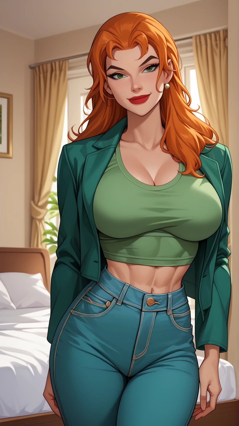 Light skin, bob cut, cleavage, tied shirt, midriff, flashing red panties, short skirt, stockings, green eyes, red hair, freckles