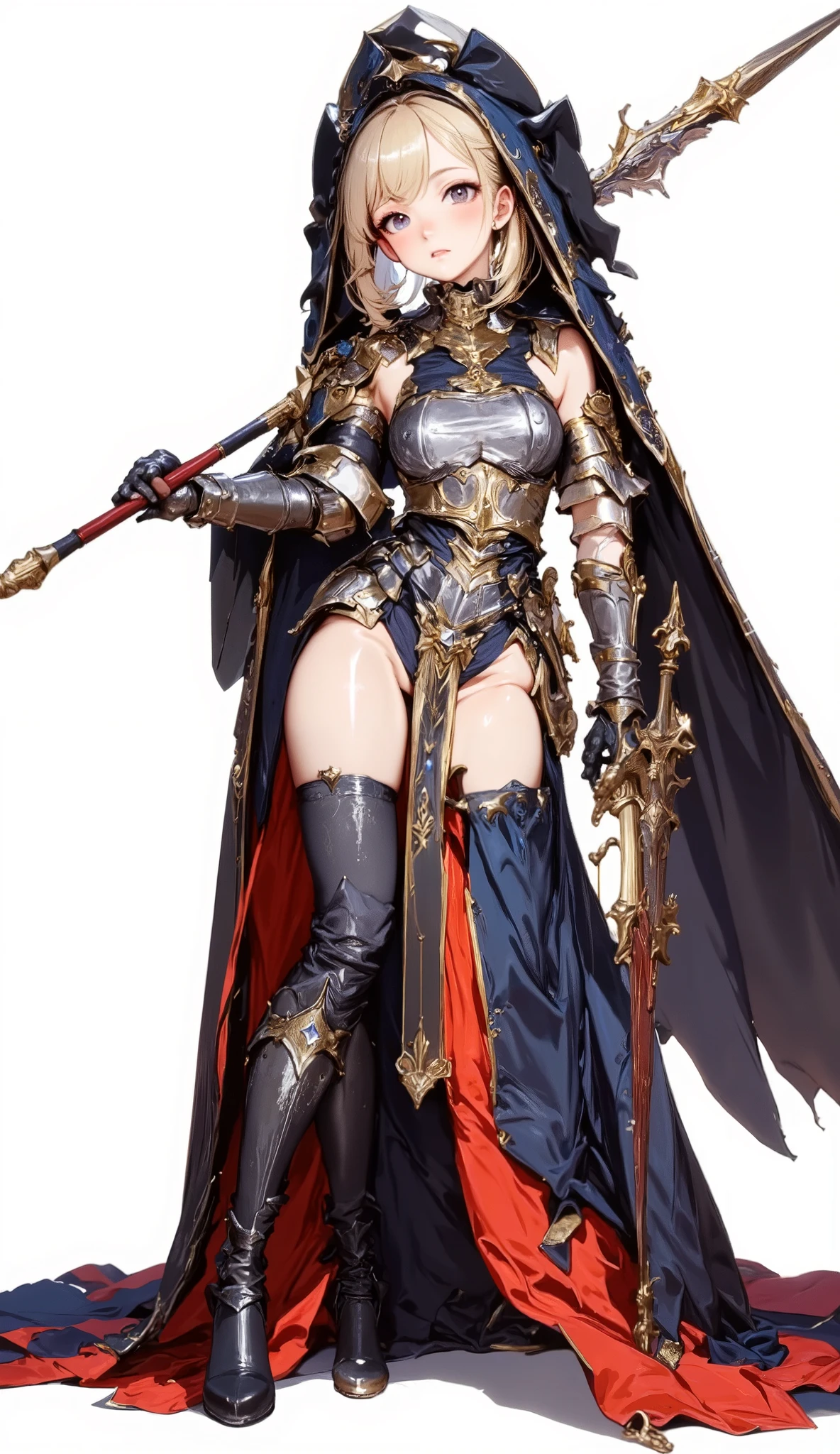 (Masterpiece:1.5,Top Quality:1.3,Amazing Quality:1.3), (Anime Character), ((nsfw)), Solo, Full Length, Chiara, 1 Girl, ((Sexy cute woman:1.5)), White Skin, Silver Gauntlets, Silver Boots, Western sexy Armor, Shining Clothes, gleaming decorations, ((with big spear type weapon:1.6)), (sexy&fighting pose:1.2), (Wielding a weapon:1.5),pulsatile, The best of the Middle Ages, Female warrior, ready to fight, glamorous, blond hair, gothic dress, muscular body, sophisticated and glittering medieval armor, beautiful, very precise and delicate animation, vivid colors, unreal world, fantasy delusion, ((full body view)), (((not background, White background))),