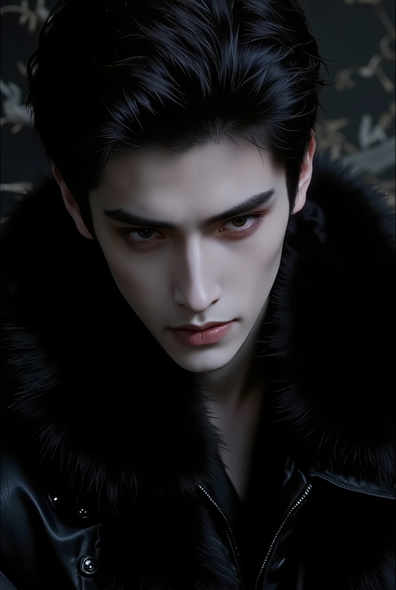 Book cover with the face of a young man with gray eyes,black hair , A mafioso wearing a black fur scarf