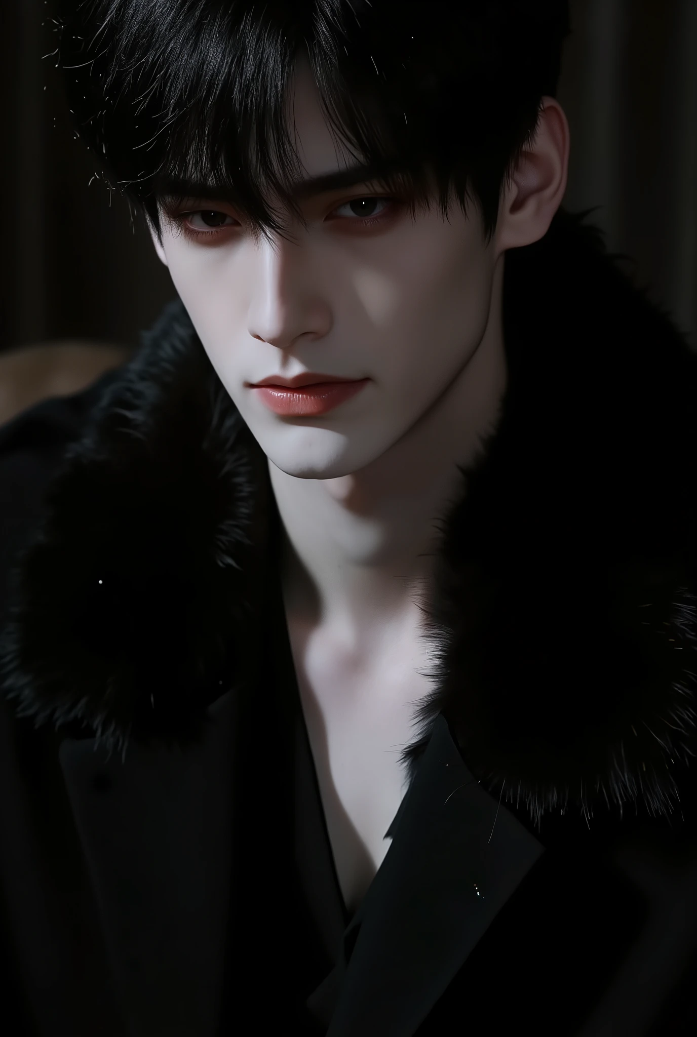 Book cover with the face of a young man with gray eyes,black hair , A mafioso wearing a black fur scarf