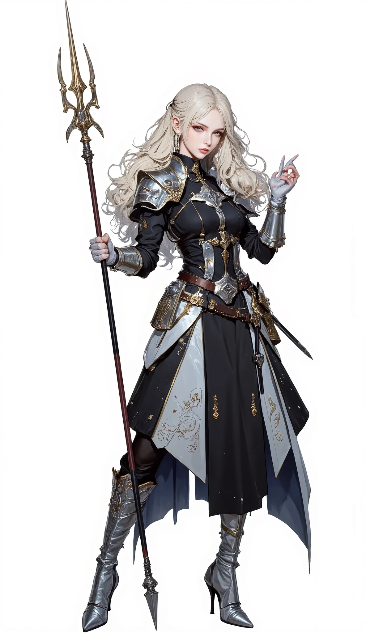 (Masterpiece:1.5,Top Quality:1.3,Amazing Quality:1.3), (Anime Character), ((nsfw)), Solo, Full Length, Chiara, 1 Girl, ((Sexy cute woman:1.5)), White Skin, Silver Gauntlets, Silver Boots, Western sexy Armor, Shining Clothes, gleaming decorations, ((with big spear type weapon:1.6)), (sexy&fighting pose:1.2), (Wielding a weapon:1.5),pulsatile, The best of the Middle Ages, Female warrior, ready to fight, glamorous, blond hair, gothic dress, muscular body, sophisticated and glittering medieval armor, beautiful, very precise and delicate animation, vivid colors, unreal world, fantasy delusion, ((full body view)), (((not background, White background))),