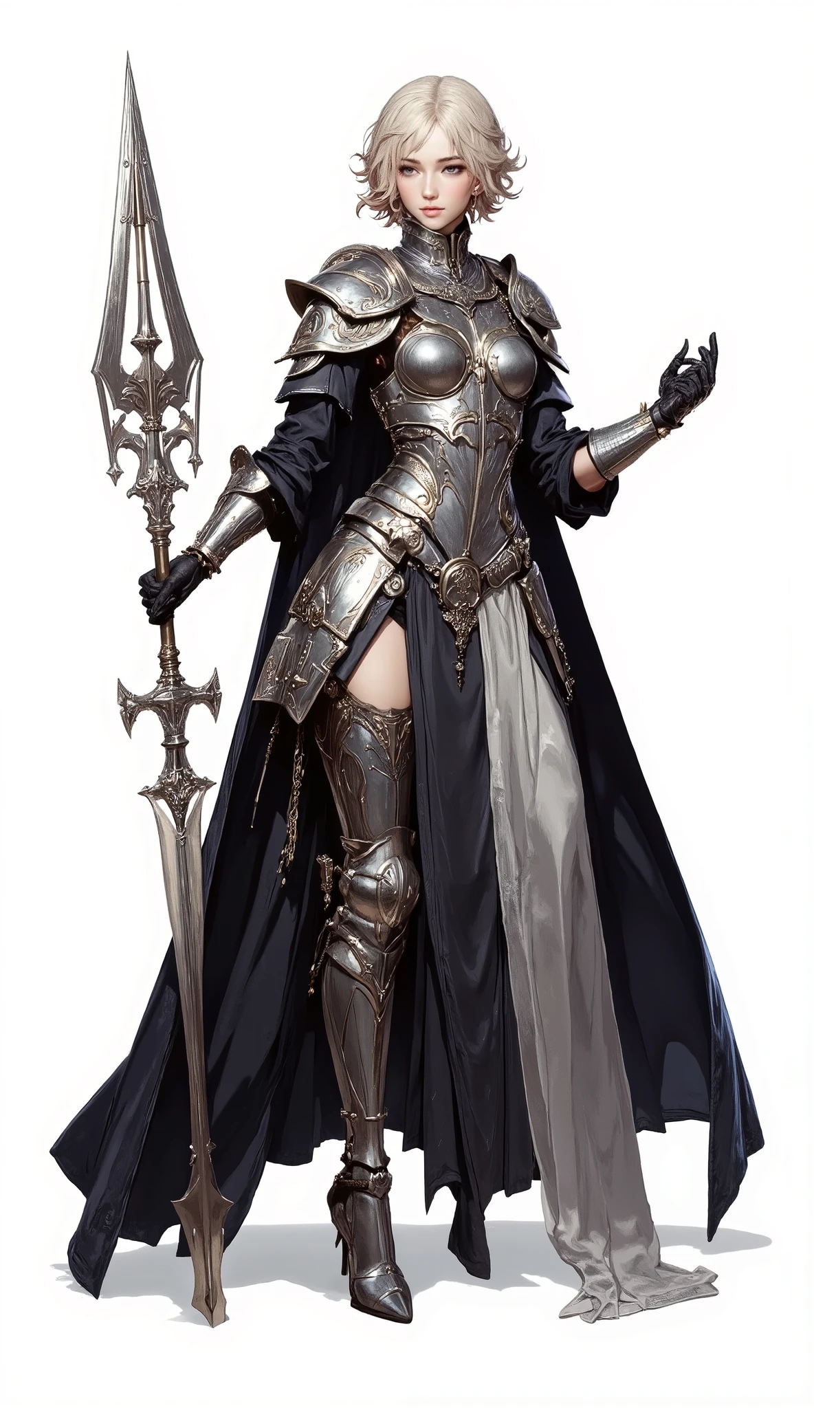 (Masterpiece:1.5,Top Quality:1.3,Amazing Quality:1.3), (Anime Character), ((nsfw)), Solo, Full Length, Chiara, 1 Girl, ((Sexy cute woman:1.5)), White Skin, Silver Gauntlets, Silver Boots, Western sexy Armor, Shining Clothes, gleaming decorations, ((with big spear type weapon:1.6)), (sexy&fighting pose:1.2), (Wielding a weapon:1.5),pulsatile, The best of the Middle Ages, Female warrior, ready to fight, glamorous, blond hair, gothic dress, muscular body, sophisticated and glittering medieval armor, beautiful, very precise and delicate animation, vivid colors, unreal world, fantasy delusion, ((full body view)), (((not background, White background))),