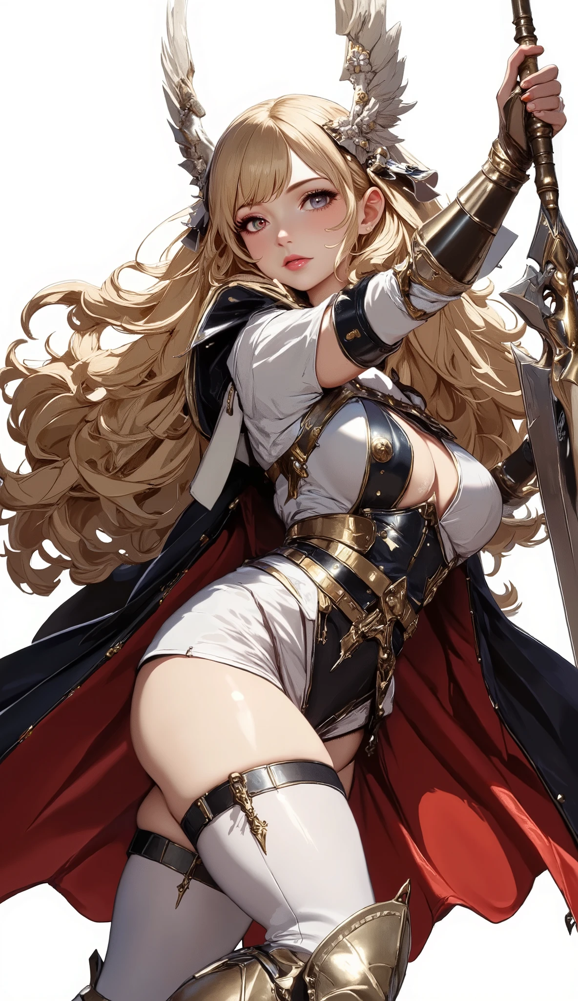 (Masterpiece:1.5,Top Quality:1.3,Amazing Quality:1.3), (Anime Character), ((nsfw)), Solo, Full Length, Chiara, 1 Girl, ((Sexy cute woman:1.5)), White Skin, Silver Gauntlets, Silver Boots, Western sexy Armor, Shining Clothes, gleaming decorations, ((with big spear type weapon:1.6)), (sexy&fighting pose:1.2), (Wielding a weapon:1.5),pulsatile, The best of the Middle Ages, Female warrior, ready to fight, glamorous, blond hair, gothic dress, muscular body, sophisticated and glittering medieval armor, beautiful, very precise and delicate animation, vivid colors, unreal world, fantasy delusion, ((full body view)), (((not background, White background))),