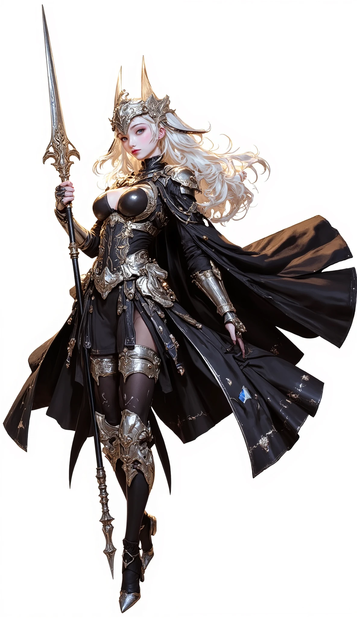 (Masterpiece:1.5,Top Quality:1.3,Amazing Quality:1.3), (Anime Character), ((nsfw)), Solo, Full Length, Chiara, 1 Girl, ((Sexy cute woman:1.5)), White Skin, Silver Gauntlets, Silver Boots, Western sexy Armor, Shining Clothes, gleaming decorations, ((with big spear type weapon:1.6)), (sexy&fighting pose:1.2), (Wielding a weapon:1.5),pulsatile, The best of the Middle Ages, Female warrior, ready to fight, glamorous, blond hair, gothic dress, muscular body, sophisticated and glittering medieval armor, beautiful, very precise and delicate animation, vivid colors, unreal world, fantasy delusion, ((full body view)), (((not background, White background))),