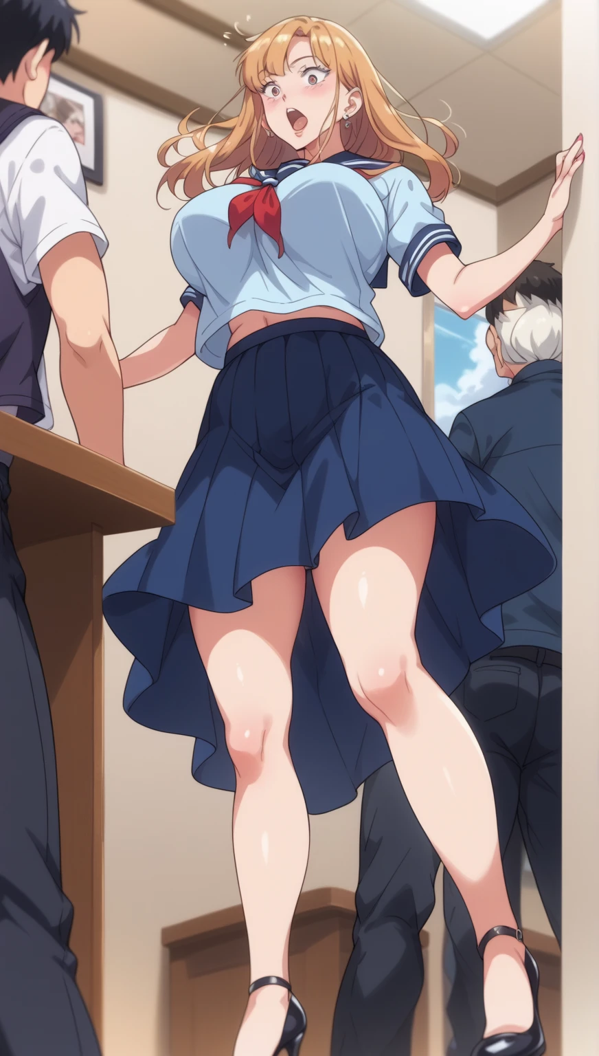 nsfw,((One girl, 1 Elderly)), ((Skirt flip:1.4)), ((Old man grabs woman&#39;s skirt)), The old man laughs evilly, Huge breasts:1.7, Anime cel painting style, highest quality, High resolution, Huge breasts:1.8, good, High leg panties, White Sailor Suit, Short sleeve, Red neckerchief, Blue Skirt, blue eyes, Purple Hair, bangs, Side Ponytail, hair ornaments, Embarrassing, fear, blush, View Viewer, whole body, Cowboy Shot:1.6, Crowded train