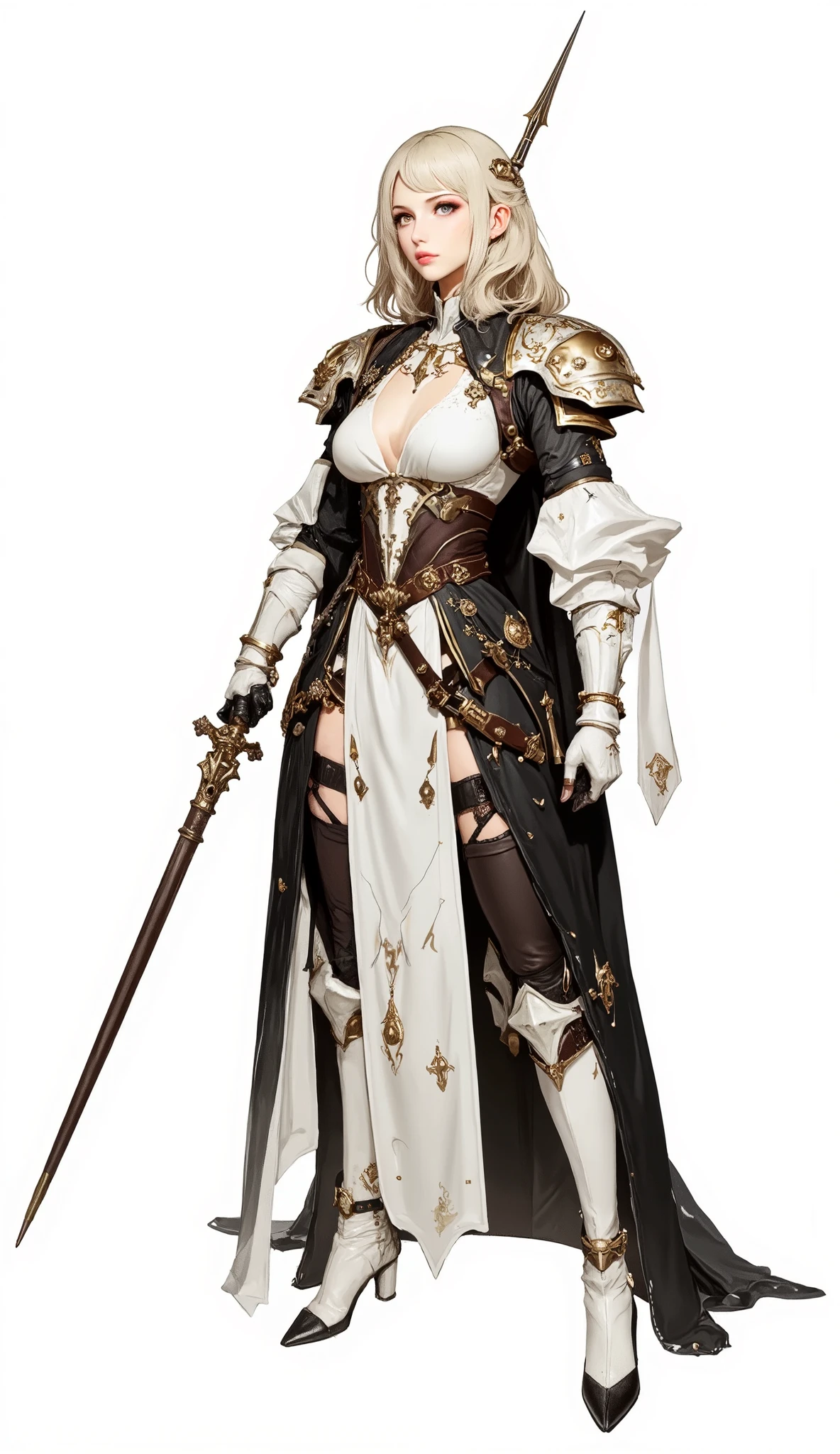 (Masterpiece:1.5,Top Quality:1.3,Amazing Quality:1.3), (Anime Character), ((nsfw)), Solo, Full Length, Chiara, 1 Girl, ((Sexy cute woman:1.5)), White Skin, Silver Gauntlets, Silver Boots, Western sexy Armor, Shining Clothes, gleaming decorations, ((with big spear type weapon:1.6)), (sexy&fighting pose:1.2), (Wielding a weapon:1.5),pulsatile, The best of the Middle Ages, Female warrior, ready to fight, glamorous, blond hair, gothic dress, muscular body, sophisticated and glittering medieval armor, beautiful, very precise and delicate animation, vivid colors, unreal world, fantasy delusion, ((full body view)), (((not background, White background))),