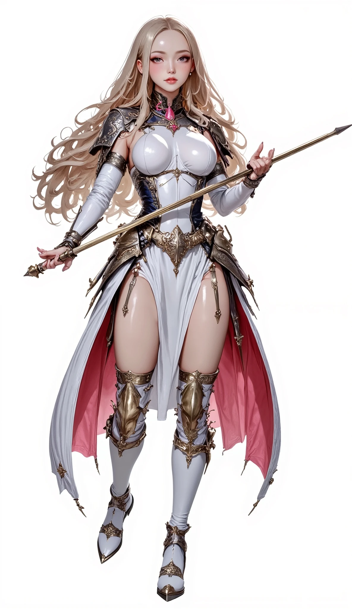 (Masterpiece:1.5,Top Quality:1.3,Amazing Quality:1.3), (Anime Character), ((nsfw)), Solo, Full Length, Chiara, 1 Girl, ((Sexy cute woman:1.5)), White Skin, Silver Gauntlets, Silver Boots, Western sexy Armor, Shining Clothes, gleaming decorations, ((with big spear type weapon:1.6)), (sexy&fighting pose:1.2), (Wielding a weapon:1.5),pulsatile, The best of the Middle Ages, Female warrior, ready to fight, glamorous, blond hair, gothic dress, muscular body, sophisticated and glittering medieval armor, beautiful, very precise and delicate animation, vivid colors, unreal world, fantasy delusion, ((full body view)), (((not background, White background))),
