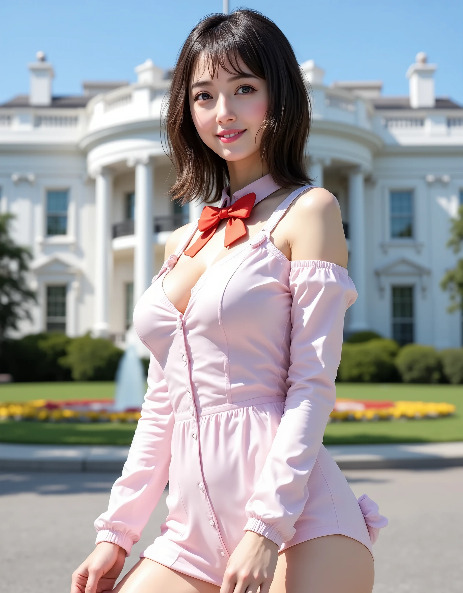 NSFW, (Highest quality), (Ultra-precise CG 16K wallpaper), (Realistic), (High saturation), (Sharp), Beautiful detailed shading, Beautiful natural lighting, Beautiful detailed glow, (Afternoon sunlight), Natural light, Depth of field, (Mature 24 year old woman, One person), (Very beautiful Japanese face), (Sasaki Nozomi), (Side swept soft wave medium cut hair with bangs), (Shiny black hair), (Sparkling eyes), (C cup size breasts, cleavage), (Beautiful breasts), (Beautiful legs), (Beautiful skin), Beautiful proportions, (Smile: 1.1), (Looking at me), (Wearing a bunny suit and knee-high socks), (Wearing a red bow tie), (Gravure idol standing pose), (White House, blue sky), (Full screen image), (Angle from woman's head to thigh), (Image of woman seen from diagonally in front), (Woman standing on a road with the White House in view),