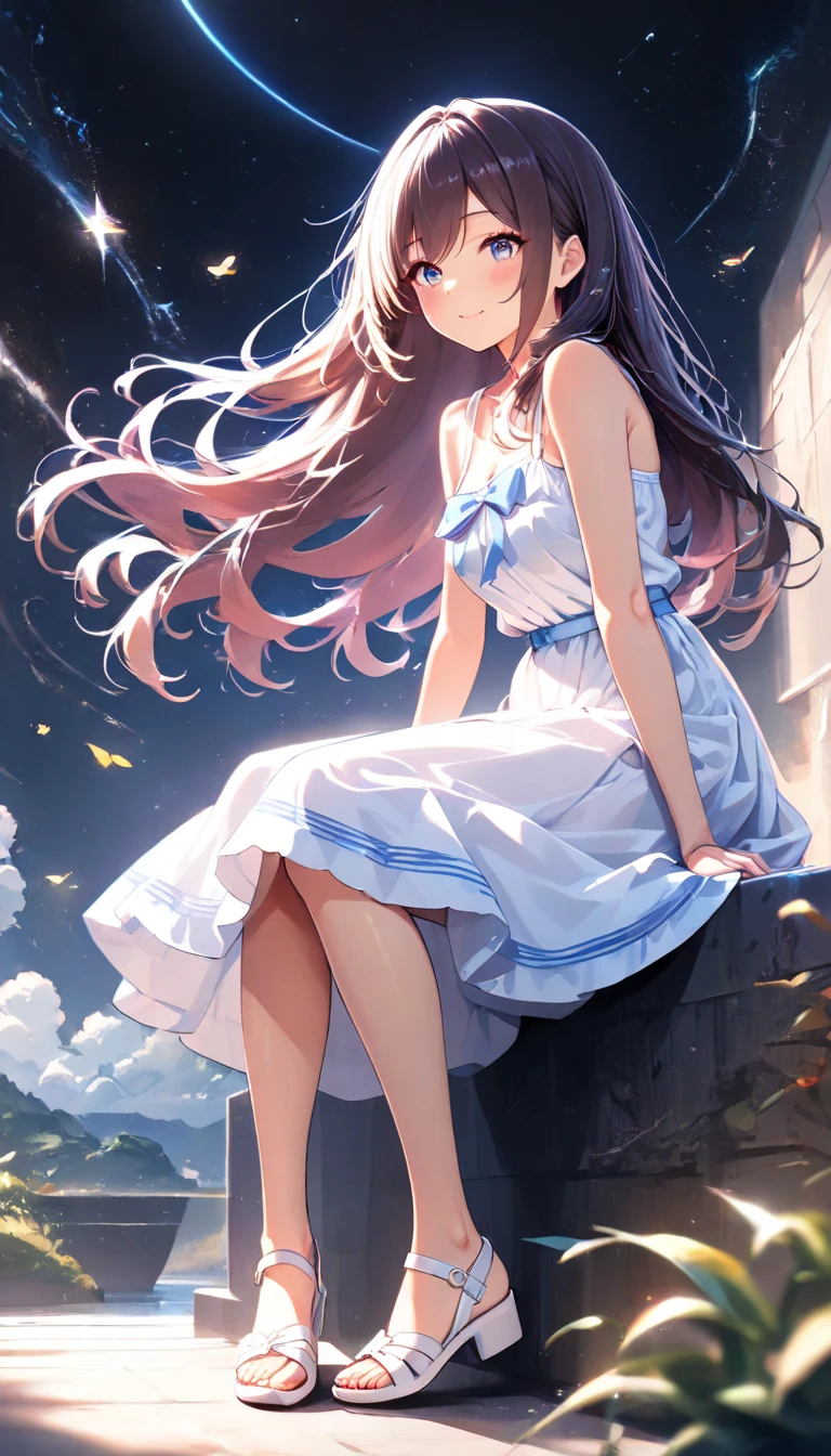 girl running while laughing, shiny white dress, high heels, long black hair, kingdom, royal garden, beautiful sky, very detailed