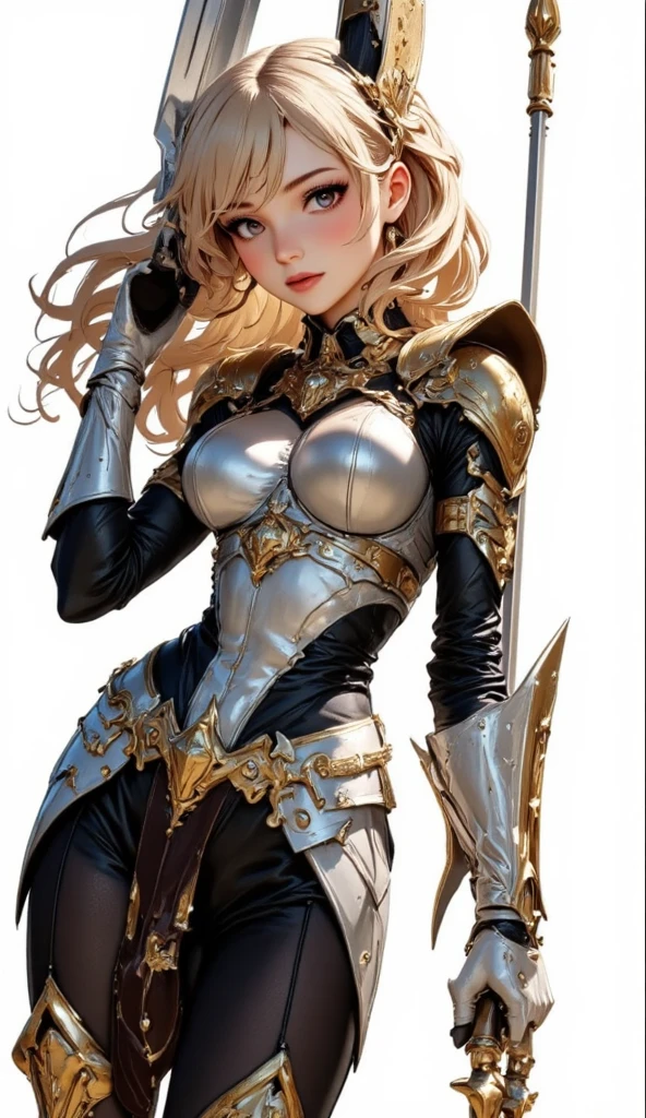 Blonde haired woman with braids, (Armadura nordica decotada dourada). Golden armor with glossy chrome black with sharp reflections. Pedras preciosas. ombros nus. (tiara). Low muscle definition. Pernas lindas. Ombros nus visiveis. Detailed lighting. artistic work. Beleza extrema. Roupa com efeito de gradiente colorido intenso. Professional image with high saturation. Camera profissional. illustration. cores vibrantes. olhos amarelos vibrantes, manto, olhos dourados brilhantes, simetria, olhar intenso, detalhes pretos nas roupas, aura dourada