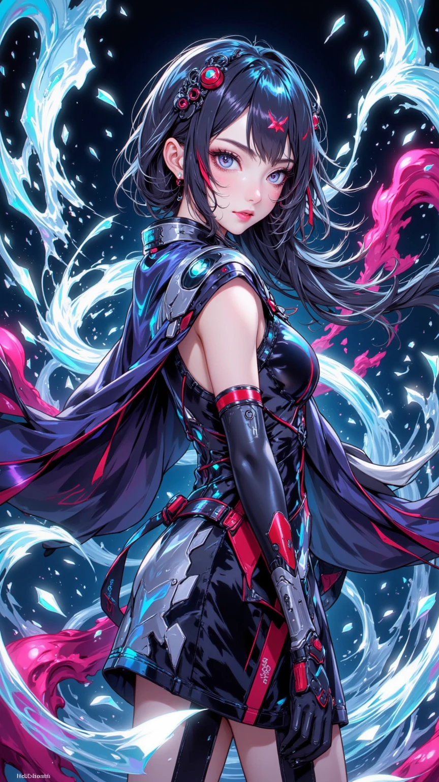(masterpiece), best quality, expressive eyes, perfect face, Girl,long dark iridescent hair, iridescent eyes, small waist, small , large thighs,ninja suit