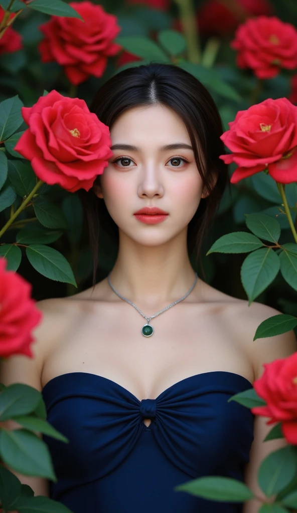 In high resolution images、full body image of a woman in a navy blue dress and necklace、 realistic 3d style 、beautiful portrait、 Realism Style 、Stunning images of beautiful beauties and roses、Beautiful Character Paintings Beautiful Anime Faces、 Realistic Art Style 、Beautiful natural environment、Field of Red Roses。