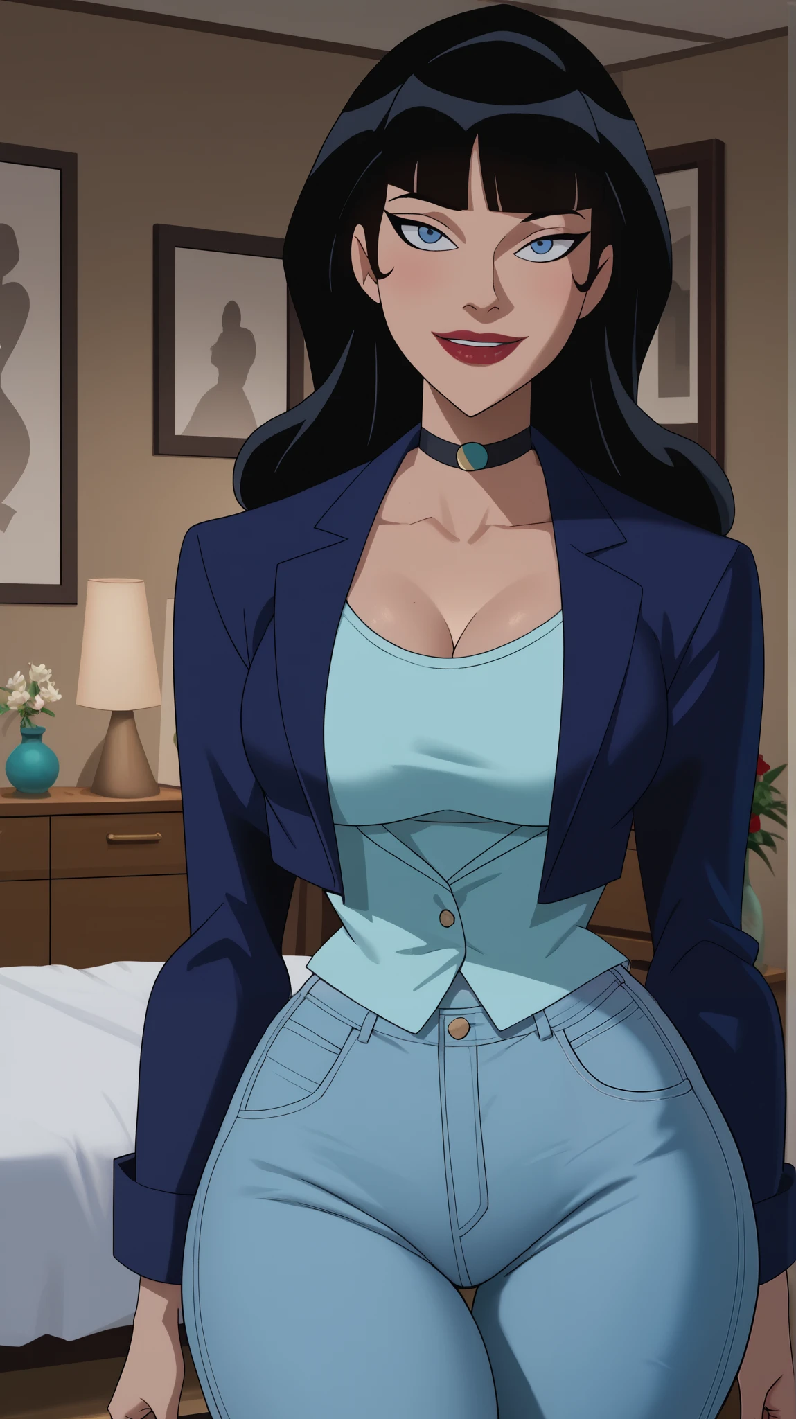 Score_9, Score_8_up, Score_7_up, Score_6_up, Score_5_up, Score_4_up, Source_cartoon, Tag1, Tag2, Quality_masterpiece, Anatomically correct, Beautiful face, Perfect face, Highly detailed beautiful face and eyes, Attractive face, Detailed face, Delicate facial features, Detailed skin, Wide hips, Huge butt, big butt, Thick thighs, Mature female, Bedroom eyes, Perspired BREAK Rating_safe, motherly face, bedroom, sultry woman, detailed eyes, looking at viewer, looking at viewer, mature female, young, sexy body, beautiful face, standing, Zatanna, long hair, blunt bangs, turquoise jeans, turquoise crop top, choker, indoors, smiling, closed mouth, red lipstick, large breasts, happy expression, blue eyes, turquoise leather jacket, black hair, open jacket, bedroom