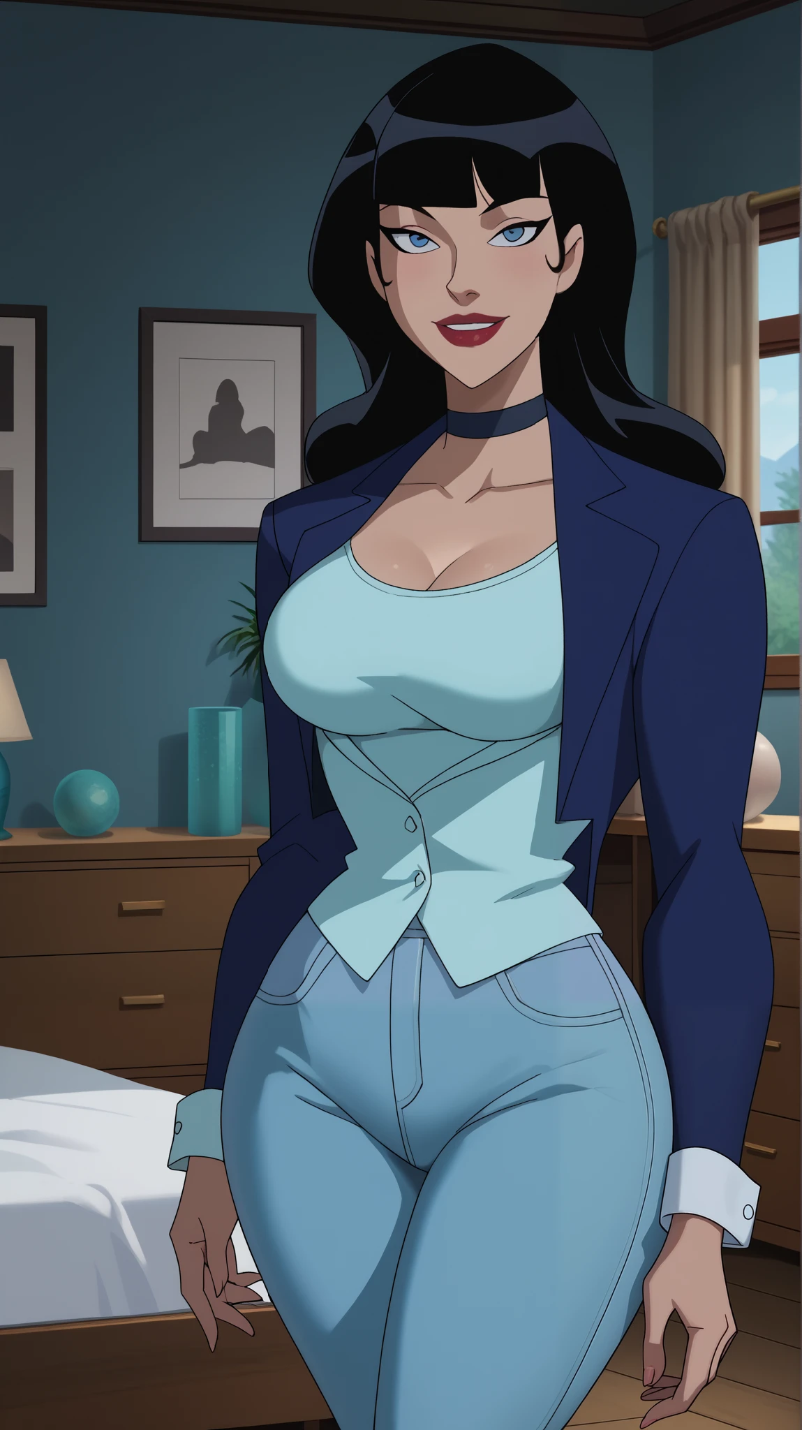 Score_9, Score_8_up, Score_7_up, Score_6_up, Score_5_up, Score_4_up, Source_cartoon, Tag1, Tag2, Quality_masterpiece, Anatomically correct, Beautiful face, Perfect face, Highly detailed beautiful face and eyes, Attractive face, Detailed face, Delicate facial features, Detailed skin, Wide hips, Huge butt, big butt, Thick thighs, Mature female, Bedroom eyes, Perspired BREAK Rating_safe, motherly face, bedroom, sultry woman, detailed eyes, looking at viewer, looking at viewer, mature female, young, sexy body, beautiful face, standing, Zatanna, long hair, blunt bangs, turquoise jeans, turquoise crop top, choker, indoors, smiling, closed mouth, red lipstick, large breasts, happy expression, blue eyes, turquoise leather jacket, black hair, open jacket, bedroom