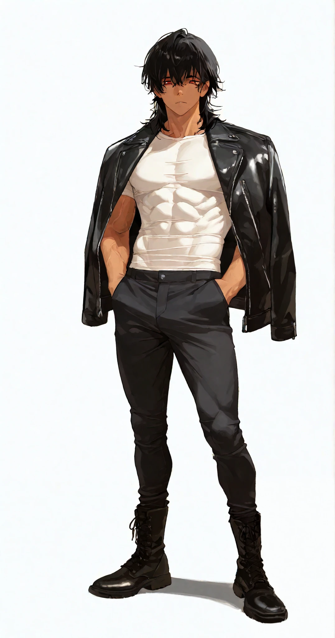 1 boy, fit, handsome, wavy black hair, middle part hair, wolfcut, medium length hair, middle part hair, defined red eyes, cold eyes, tan, sexy body, muscular body, defined muscle, white shirt, black leather jacket on shoulders, form fitting black jeans pants, standing, hands in pocket, short black boots, full body plain white background