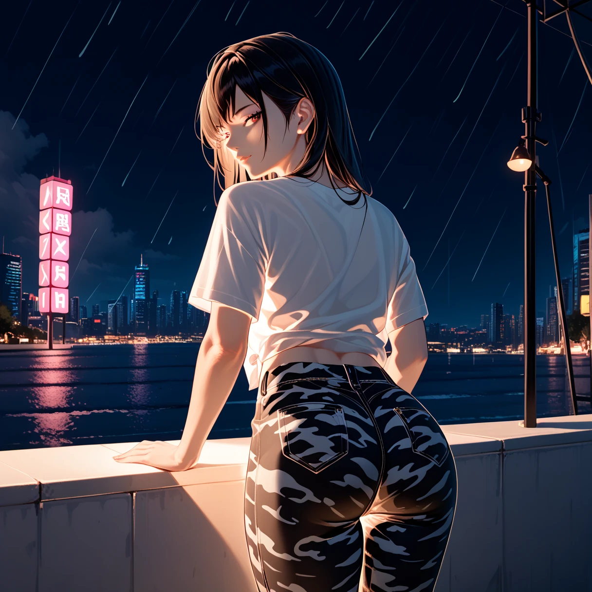 masutepiece, High quality, girl, Big clothes, Underwear with a small area, Comfortable clothing, Night, Sunset, A small room with a bleak view of the sea, You can see the beautiful night view...,Distracting and messing with something,Thrust your butt up,Ass to be