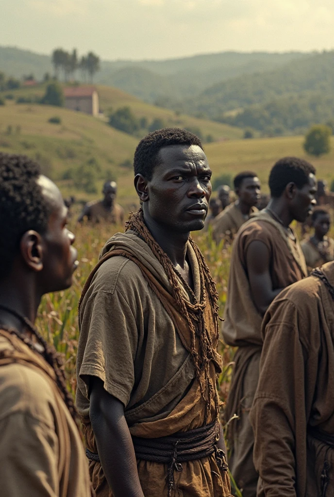 Five half-naked African slaves tied with a rope, descendant un escalier, grandes souffrance, tristesse dans les yeux, corps entier nu, no clothe, pas de coiffe, cheveux noirs, Dynamic scene from the movie Amistad, looking at the 50mm camera, Realistic photo HD, Diffuse light, Rebel Republic Environment, , hyper detailed, Whole size, Five half-naked African slaves tied with a rope, descendant un escalier, tristesse dans les yeux, Whole naked body chained with wrought iron chains, no clothe, pas de coiffe, cheveux noirs, Dynamic scene from the movie Amistad, looking at the 50mm camera, Realistic photo HD, Diffuse light, Rebel Republic Environment, , hyper detailed, Whole size, Plusieurs hommes et femmes esclaves debout, loin cloth, esclaves, Himba, corps entiers, all are chained, chaines en fer, Hands tied with a large rope, Homme africain, Enslaved humans, Screenshot of movie 300, Samuel Jackson, africain, The man has black skin, Scene from the movie Amistad, dark-skinned, pagne