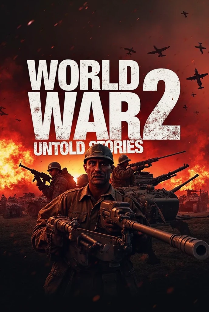Create a YouTube thumbnail about “World War 2” with a dramatic and intense visual style. The background should include a war-torn battlefield scene with smoke, explosions, and debris. Place iconic symbols like a broken Nazi flag, tanks, and soldiers charging. On one side, depict a soldier in a helmet with a determined expression, gripping a rifle. On the opposite side, show a warplane in mid-flight with bullets or missiles shooting out. Use bold, large text for the title “World War 2” in strong, metallic, or distressed font, with a fiery glow or shadow for emphasis. The overall color scheme should have dark, moody tones, with flashes of orange and red to convey action and urgency. The thumbnail should feel epic, historical, and gripping. Make it like real Place iconic symbols like a broken Nazi flag, tanks, and soldiers charging.