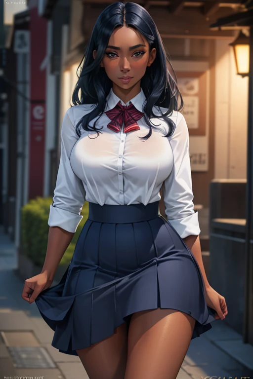 (masterpiece), best quality, expressive eyes, perfect face, front lighting, (inside classroom with window background), (sitting on desk), (seductive look), (cleavage view), (1girl, Nico Robin, milf, latina, dark skin, short black hair with bangs, straight flat hairstyle, brown eyes, hourglass figure, thick body, curvy body, large breasts, huge breasts, oppai, large cleavage, wide hips, thick thighs), (white button shirt, short sleeve, exposed cleavage, red plaid pleated skirt, white stockings),