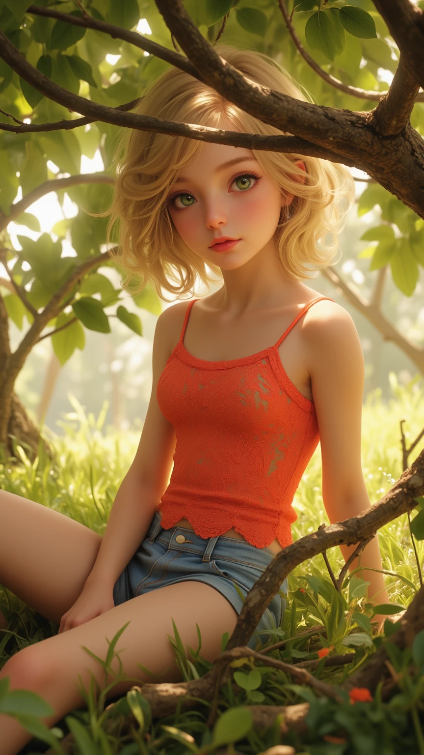 (masterpiece, best quality:1.4), Young blonde beauty, (((adult, neat girl))), detailed blue eyes, long eyelashes, blush, kind smile, horny, upper body, wet, topless, small ass, shaved pussy, (looking at viewer), beautiful blonde hair, white-skinned, (bangs:1.3), (from above), squeezing, (small breasts), (mushroom forest, colorful celestial forest, beautiful and magnificent pink sunshine, majestic sky), natural light, pastel colors