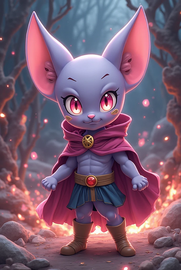 Species: Oni

Appearance:

Skin Color: Deep Blue

Hair: Short, disheveled, and white

Horns: Black and curved

Eyes: Bright yellow with slitted pupils

Ears: Pointed and purple

Tail: Long, pink with an arrow-shaped tip

Clothing: Black pants and a light green sash around the waist

Accessories: Gold hoop earring in the right ear