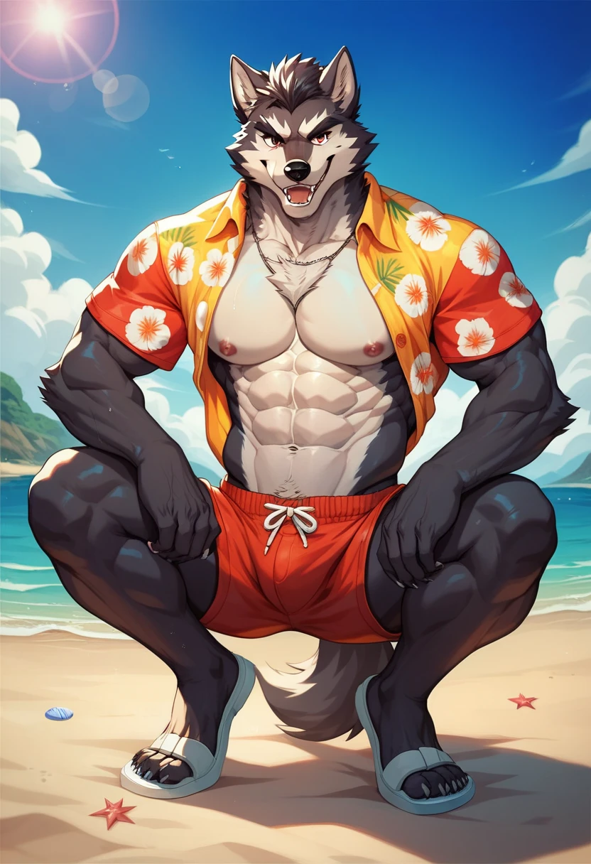 (solo, furry, anthro, hyper realistic, realistic fur), male, bottom view, front view, muscular body, Fennec, smug, smirk, laughing, wide open mouth, head tilted, bending down, wearing (((dark red colored))) boxer shorts, black sunglasses on head, black sandals, laying down on towel, hands behind head, armpit hair beach, blurred background, by bebebebebe:1.2, by buta99,by foxovh, by ruan jia