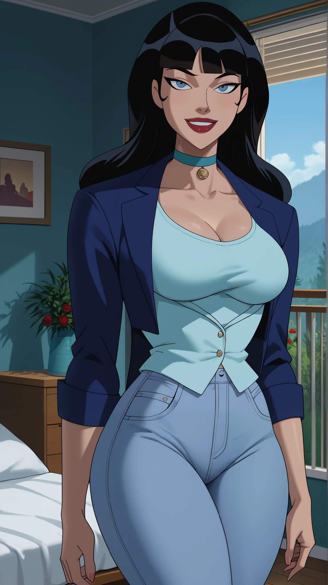 Score_9, Score_8_up, Score_7_up, Score_6_up, Score_5_up, Score_4_up, Source_cartoon, Tag1, Tag2, Quality_masterpiece, Anatomically correct, Beautiful face, Perfect face, Highly detailed beautiful face and eyes, Attractive face, Detailed face, Delicate facial features, Detailed skin, Wide hips, Huge butt, big butt, Thick thighs, Mature female, Bedroom eyes, Perspired BREAK Rating_safe, motherly face, bedroom, sultry woman, detailed eyes, looking at viewer, looking at viewer, mature female, young, sexy body, beautiful face, standing, Zatanna, long hair, blunt bangs, turquoise jeans, turquoise crop top, choker, indoors, smiling, closed mouth, red lipstick, large breasts, happy expression, blue eyes, turquoise leather jacket, black hair, open jacket, bedroom