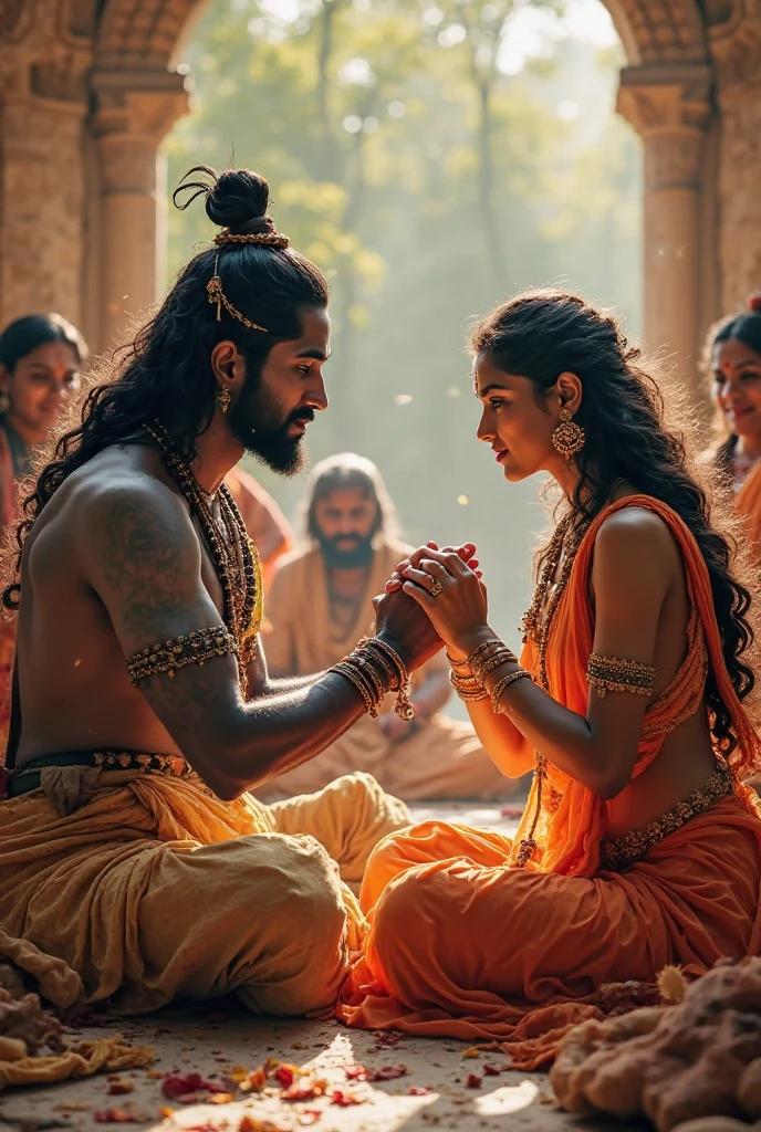 “Chhaya, the mother of Shani Dev, appears with a compassionate and gentle demeanor. She is dressed in a simple yet divine sari, with an aura of kindness around her. She approaches Shani Dev, who is still on his throne, and gently says, ‘Shani, control your gaze a bit.’ Shani Dev looks at his mother with respect and understanding, nodding in agreement. His expression softens as he promises to use his gaze only for justice and the protection of dharma.”
