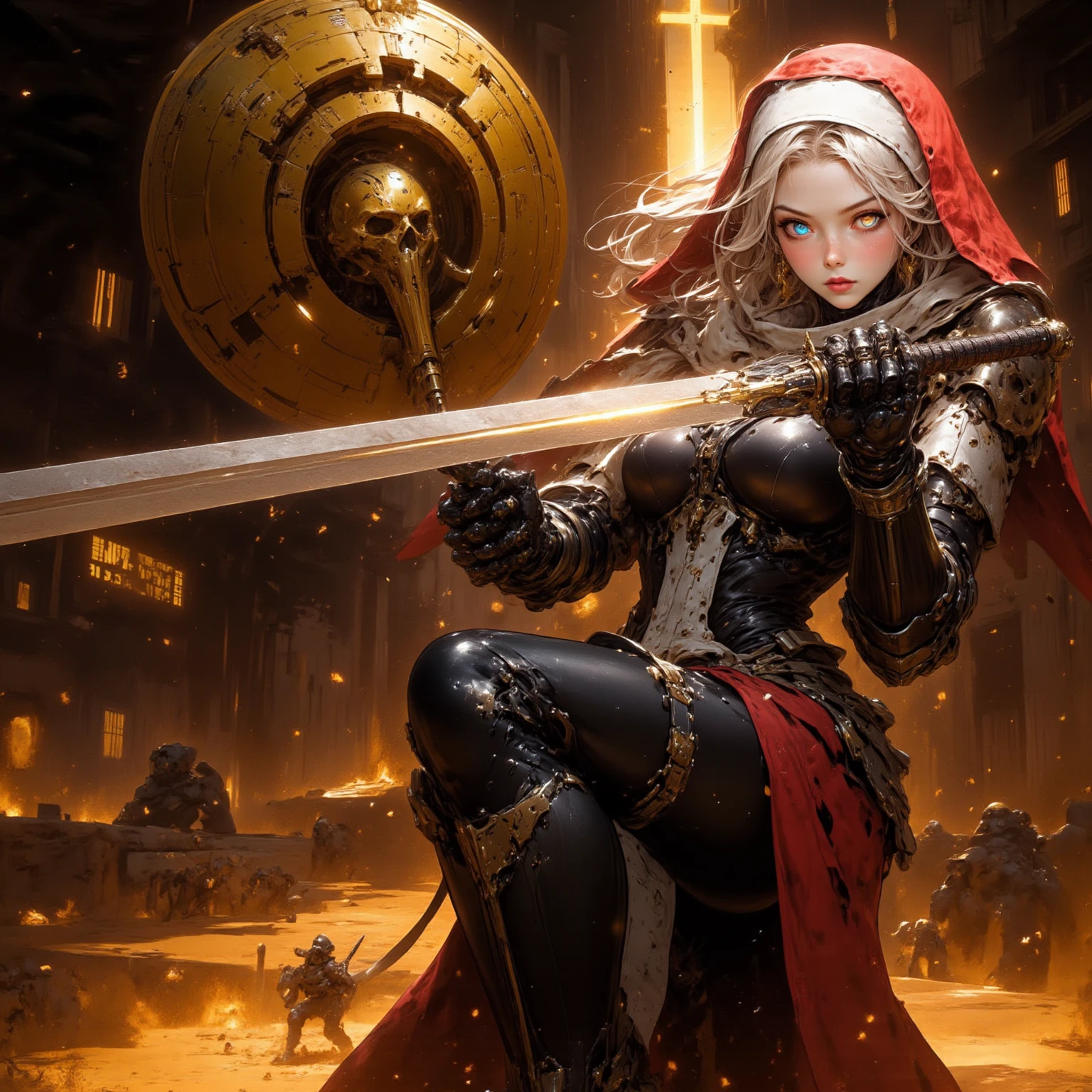 (masterpiece:1.2), (best quality:1.2), perfect eyes, perfect face, perfect lighting, 1girl, mature whsororitas with sword in hands, scar over one eye, eyepatch, white hair, skulls on the ground, warhammer 40k, chaos, fire, scifi, detailed battlefield background  <lora:warhammerAdeptus_whsororitasV3:0.4>