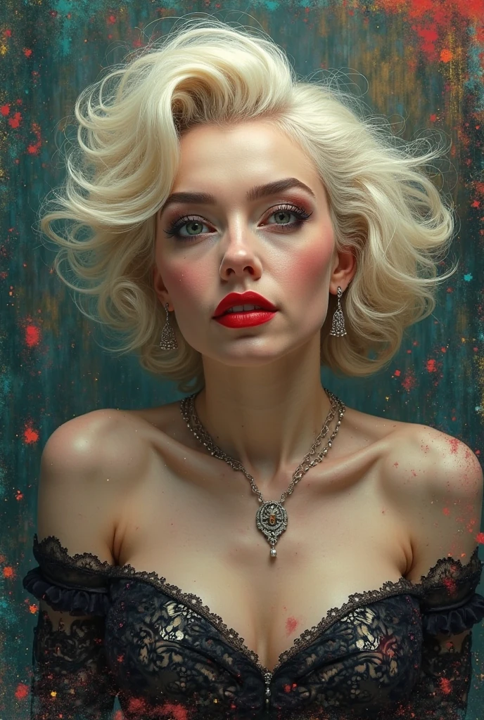 Tremaine,Green Eyes,Gray hair,Big Hair,Striped hair, Red Dress,Emerald,Small earrings,Smile,Puff sleeves, permanent,Serious,Looking at the audience,From below, castle,indoors,Dim Lights,Glowing eyes, (Extremely detailed, masterpiece, Pretty Face, best quality),Solitary,Disdainful expression,Retro