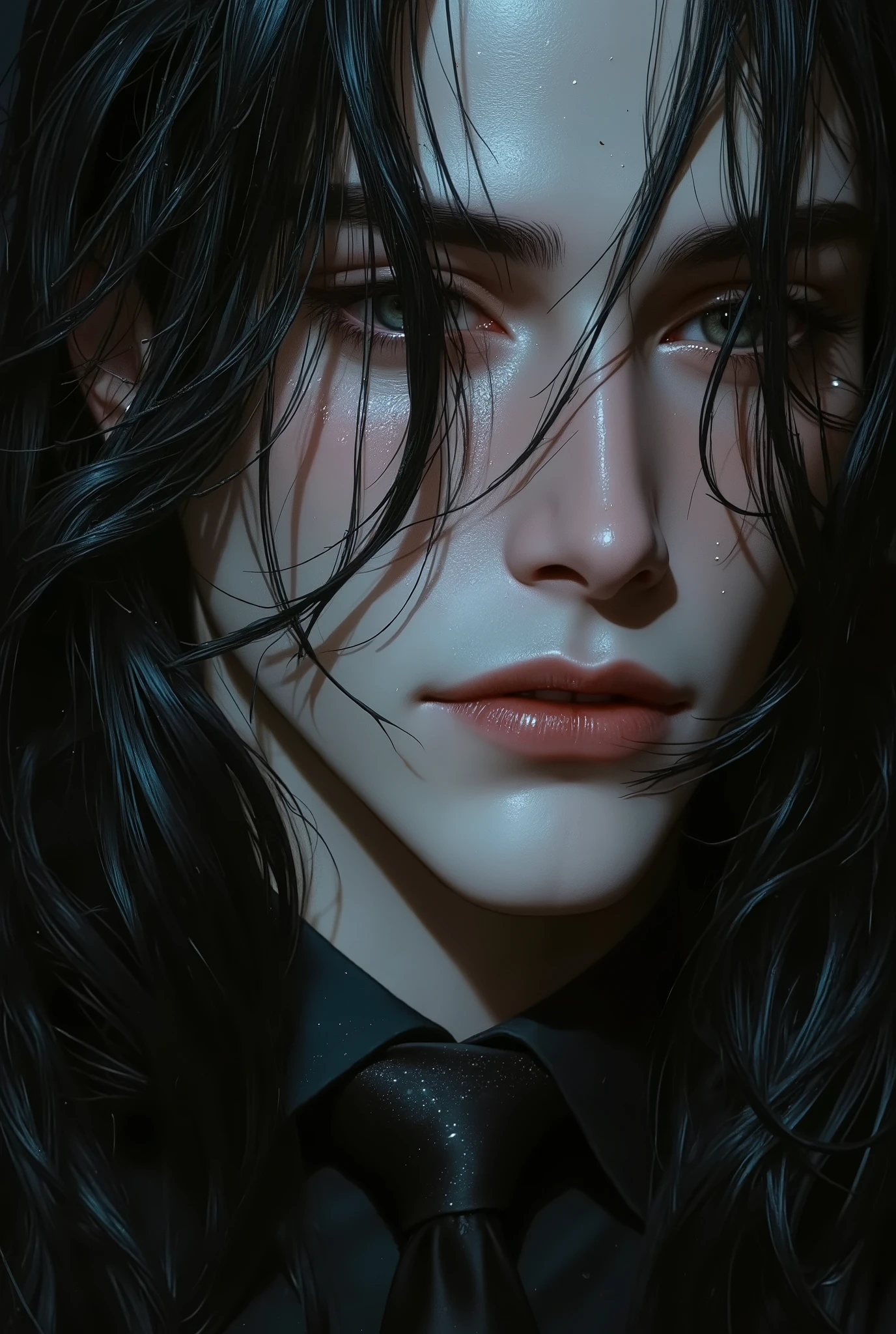 (best quality,4k,highres:1.2),ultra-detailed,(realistic:1.37) Close up of a very beautiful man's face, wind blowing through his long lustrous hair, he is crying. Medium: Portraits Additional details: Raindrops falling gently on his face, sadness in his expressive eyes, intense emotion captured in his facial features, the tears glistening on his cheeks, a soft expression of longing, a subtle smile amidst the tears. Image quality: Crystal clear details, every strand of hair visible, vibrant colors, sharp focus, realistic depiction of tears. Artistic style: Realism, capturing the raw beauty of the moment. Color tone: Cool and muted tones, emphasizing the melancholic atmosphere. Lighting: Soft, natural lighting casting shadows on his face, highlighting the contours and adding depth to the image.