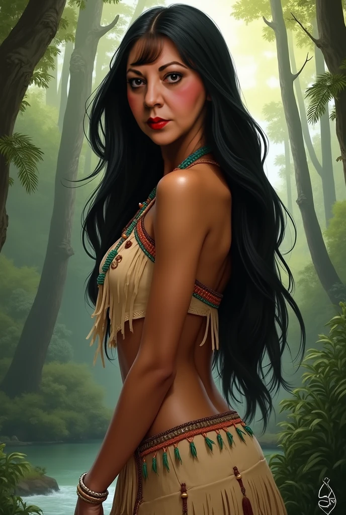 A beautiful young full-bodied Brazilian Indian with long black hair and brown skin, bright green eyes, tribal tattoo and Red Paint on her face, naked with an intimidating look, in the background a dark forest