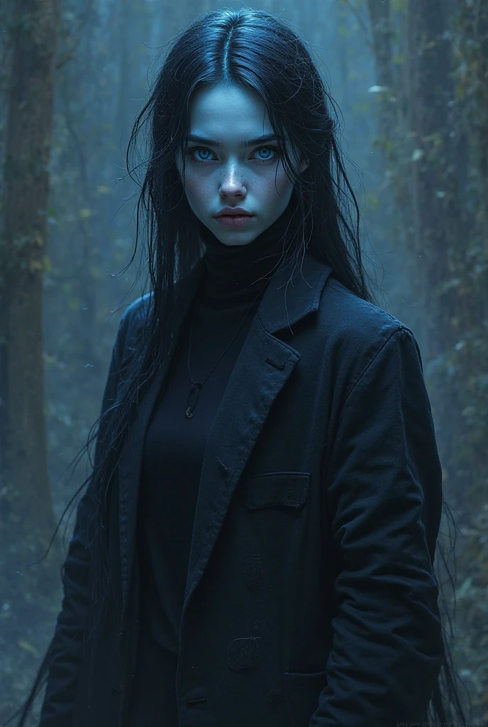 A teenage girl, blue eyes, black hair, villainous beauty, fair skin, tall hair, standing up, Slytherin