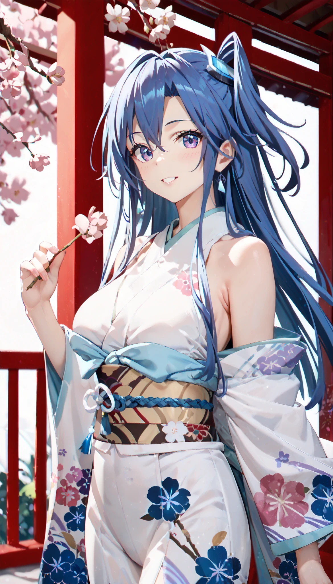 kazanari_tsubasa, Long hair, blue hair, one side up, purple eyes, sagging breasts, Tight waist、Small waist、Glowing Skin、Angelic suit、eight-headed body、Beauty、ruanyi0712,floral print,yellow kimono,obijime,wide sleeves exposed shoulders, traditional Japanese garden, cherry blossoms, cherry blossom petals, upper body portrait、