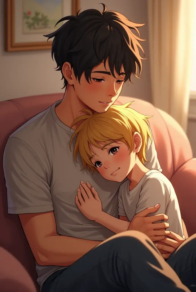 A blonde haired boy sitting on the lap of a tall black haired boy