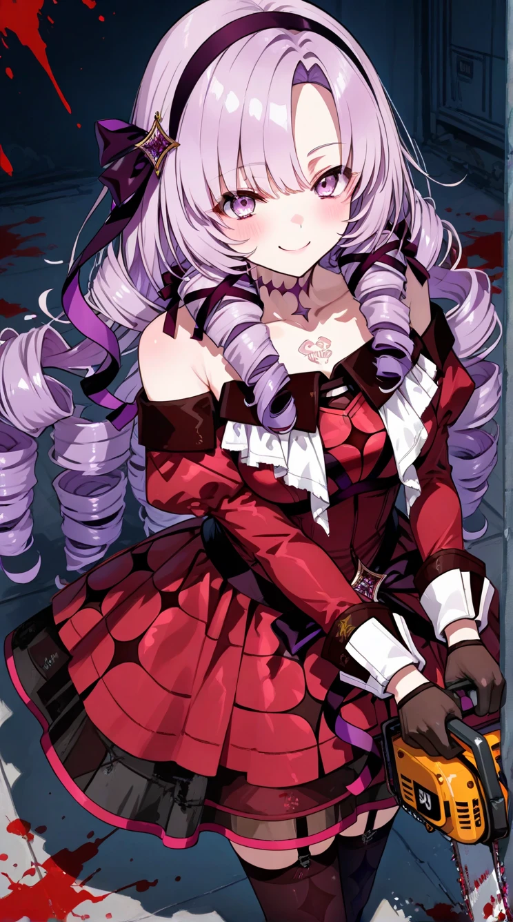 1girl, chainsaw, hyakumantenbara salome, solo, virtual youtuber, drill hair, long hair, dress, purple eyes, gloves, red dress, hairband, thighhighs, smile, blood splatter, purple hair, blood, bangs, from above, black gloves, tattoo, garter straps, bare shoulders, ribbon, holding, blush, looking at viewer, off shoulder, chest tattoo, hair ribbon, long sleeves