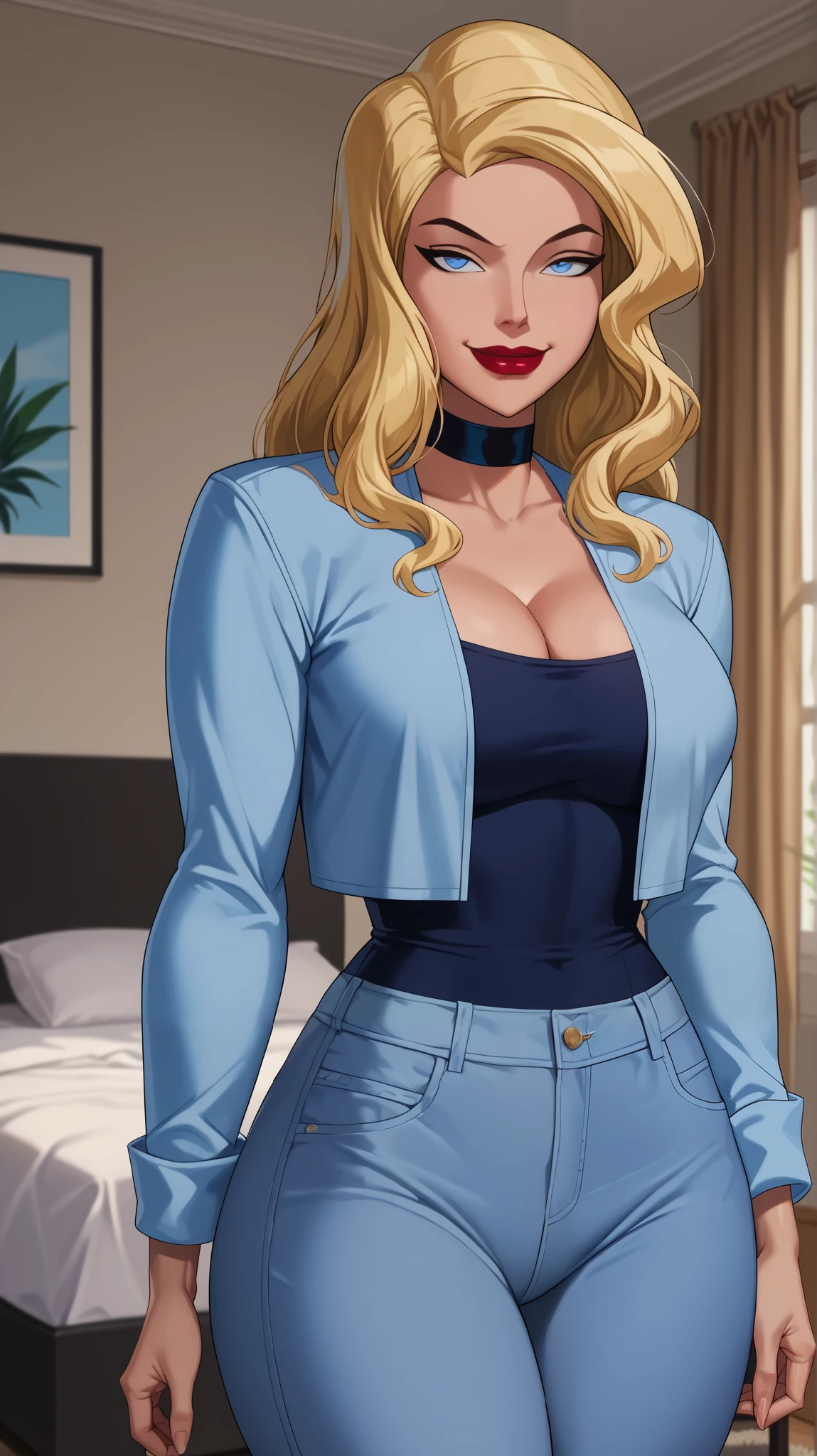 Score_9, Score_8_up, Score_7_up, Score_6_up, Score_5_up, Score_4_up, Source_anime, Tag1, Tag2, Quality_masterpiece, Anatomically correct, Beautiful face, Perfect face, Highly detailed beautiful face and eyes, Attractive face, Detailed face, Delicate facial features, Detailed skin, Wide hips, Huge butt, big butt, Thick thighs, Mature female, short hair, Bedroom eyes, Perspired BREAK Rating_safe, motherly face, bedroom, detailed eyes, seductive face, milf look, sensual female, beautiful woman, elegant female, milf, sexy body, dinah lance, long hair, blonde hair, blue eyes, choker, cleavage, jade blue leather jacket, jade blue crop top, jade blue jeans, indoors, smiling, closed mouth, large breasts, standing, red lipstick, happy expression, looking at viewer, bedroom, open jacket