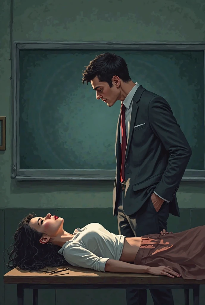 The man in his 55s with black very short hair and smooth face with moustache. The woman in her 55s with brown wavy long hair. In the retro office. Night, dark, dim. The man is wearing unbuttoned light blue shirt. The woman is wearing floral red dress. Doggy sex. The man is pulling the woman's hair. The woman is moaning. Orgasm. Passion. Erotic. Ultra realistic.
